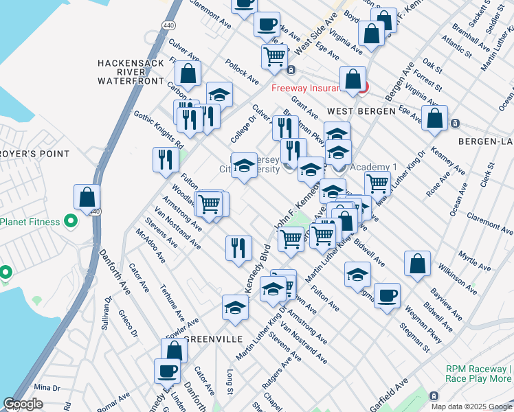 map of restaurants, bars, coffee shops, grocery stores, and more near 317 Stegman Parkway in Jersey City