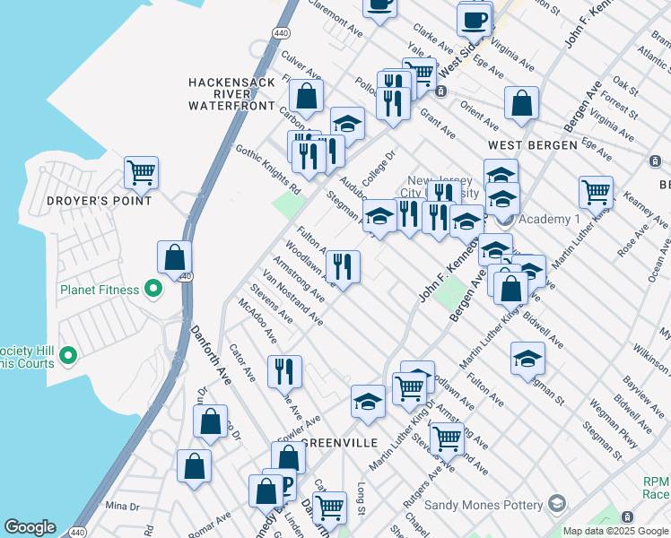 map of restaurants, bars, coffee shops, grocery stores, and more near 362 Fulton Avenue in Jersey City