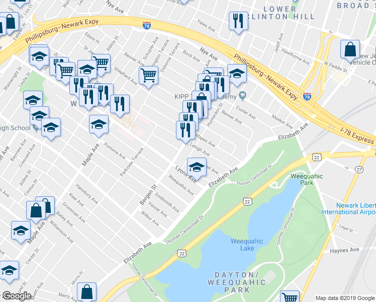 map of restaurants, bars, coffee shops, grocery stores, and more near in Newark