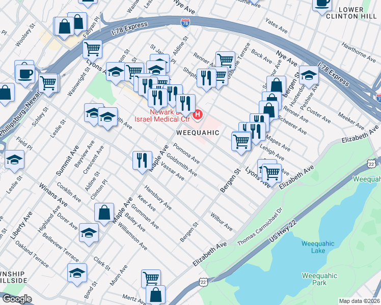 map of restaurants, bars, coffee shops, grocery stores, and more near 149 Weequahic Avenue in Newark