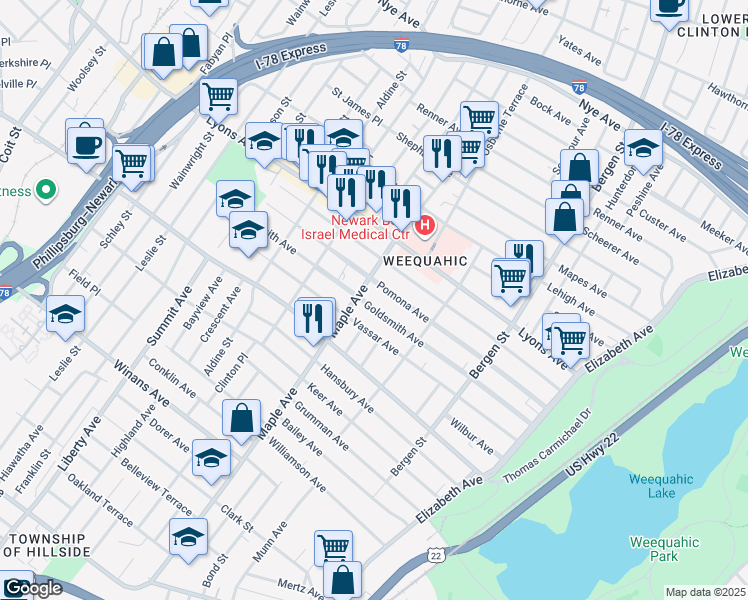 map of restaurants, bars, coffee shops, grocery stores, and more near 171 Pomona Avenue in Newark