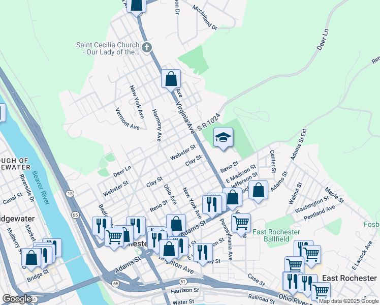 map of restaurants, bars, coffee shops, grocery stores, and more near 464 Webster Street in Rochester