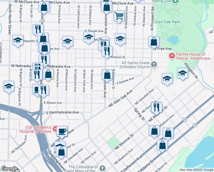map of restaurants, bars, coffee shops, grocery stores, and more near 719 East Ravine Avenue in Peoria