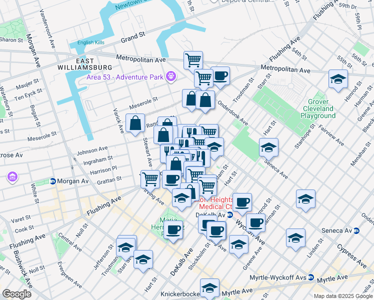map of restaurants, bars, coffee shops, grocery stores, and more near 10 Cypress Avenue in Brooklyn