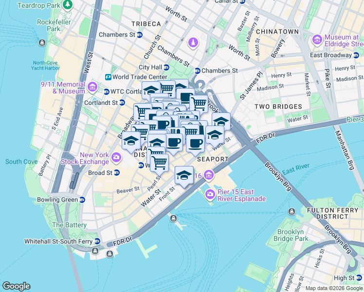 map of restaurants, bars, coffee shops, grocery stores, and more near 20 Cliff Street in New York
