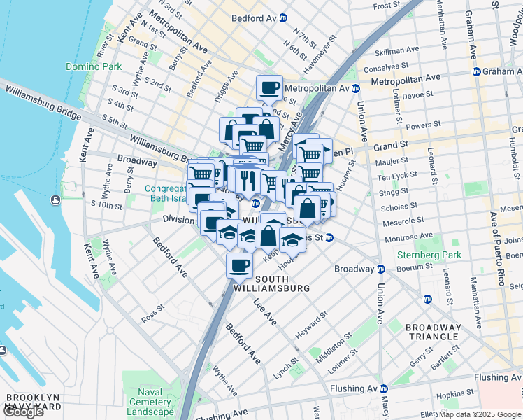 map of restaurants, bars, coffee shops, grocery stores, and more near 312 Broadway in Brooklyn