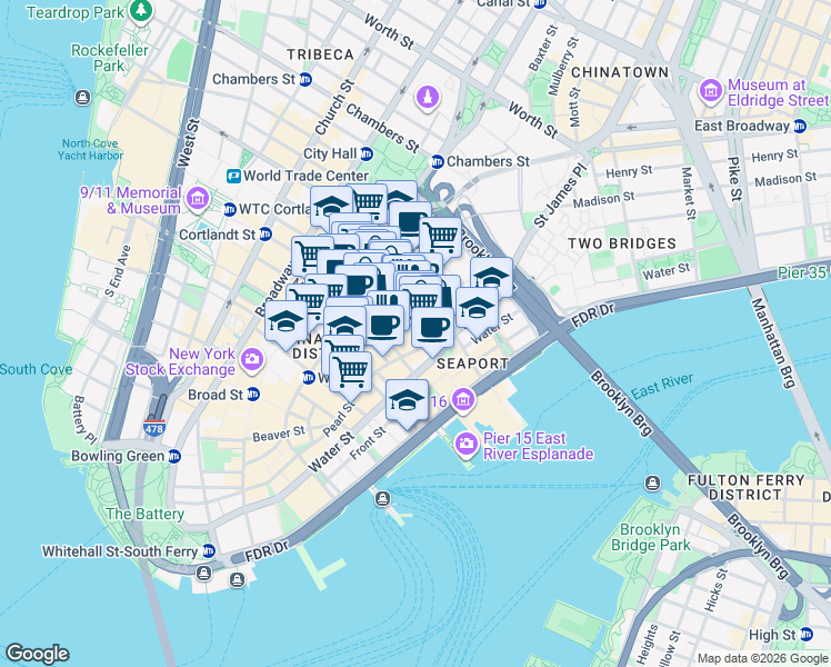 map of restaurants, bars, coffee shops, grocery stores, and more near 25 Cliff Street in New York