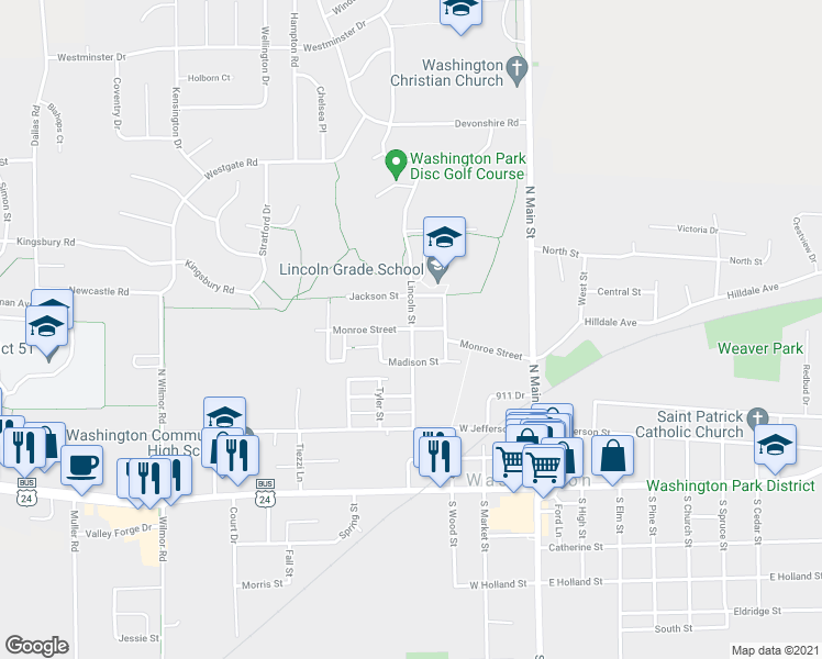 map of restaurants, bars, coffee shops, grocery stores, and more near 400 Monroe Street in Washington