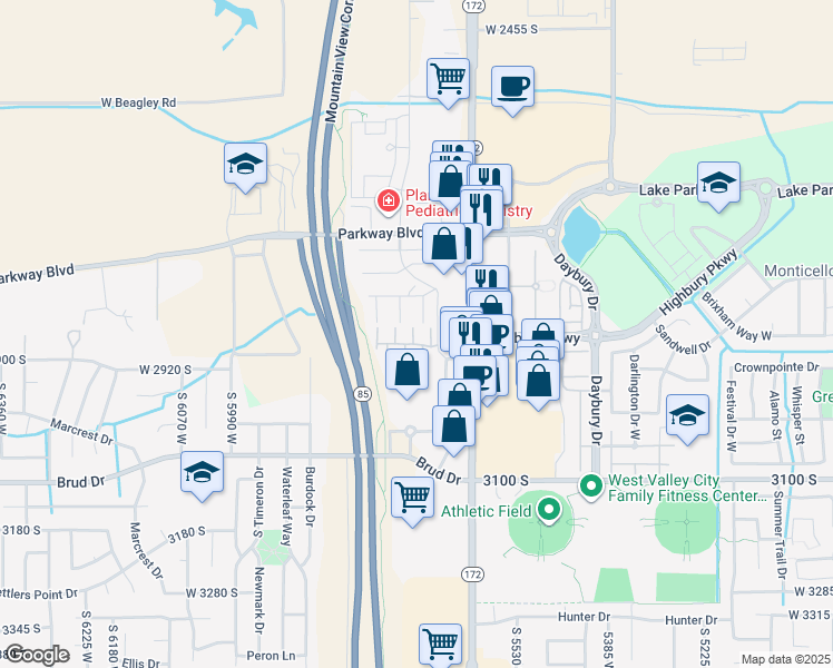 map of restaurants, bars, coffee shops, grocery stores, and more near 2861 Ritter Row in West Valley City