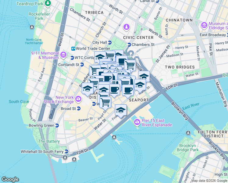map of restaurants, bars, coffee shops, grocery stores, and more near 25 Cliff Street in New York