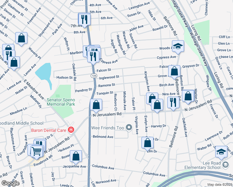map of restaurants, bars, coffee shops, grocery stores, and more near 2544 Tonquin Street in East Meadow
