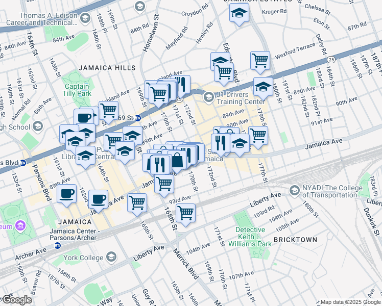 map of restaurants, bars, coffee shops, grocery stores, and more near 90-30 171st Street in Queens