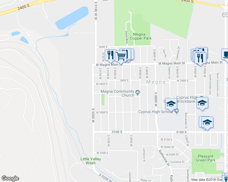 map of restaurants, bars, coffee shops, grocery stores, and more near 2864 South 9050 West in Magna