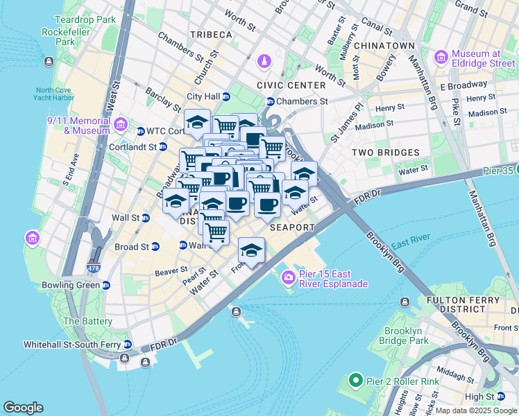 map of restaurants, bars, coffee shops, grocery stores, and more near 25 Cliff Street in New York