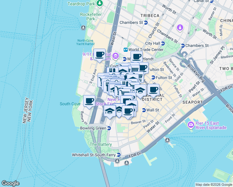map of restaurants, bars, coffee shops, grocery stores, and more near 2 Rector Street in New York