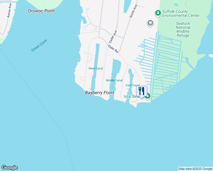 map of restaurants, bars, coffee shops, grocery stores, and more near 195 East Bayberry Road in Islip