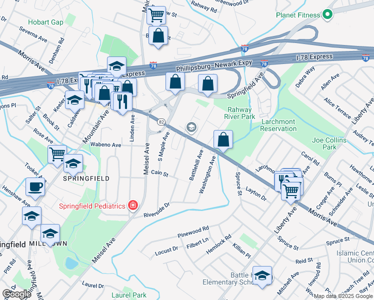 map of restaurants, bars, coffee shops, grocery stores, and more near 47 Morris Avenue in Springfield Township