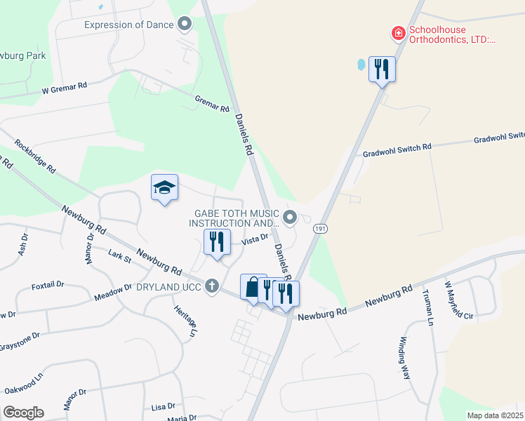 map of restaurants, bars, coffee shops, grocery stores, and more near 501 Daniels Road in Nazareth