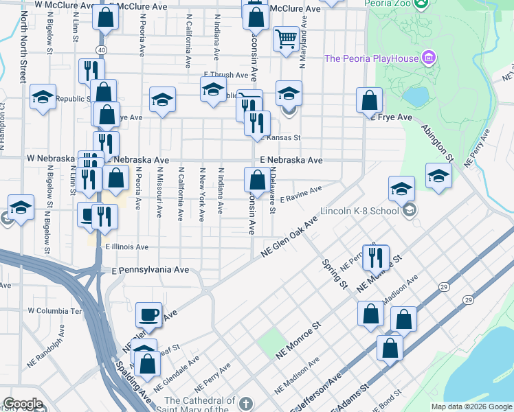 map of restaurants, bars, coffee shops, grocery stores, and more near 719 East Ravine Avenue in Peoria