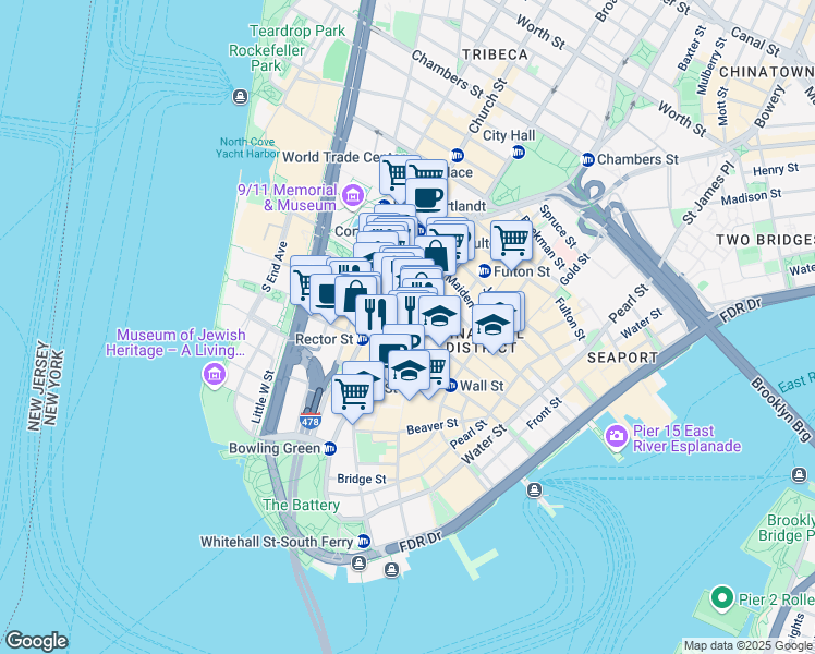 map of restaurants, bars, coffee shops, grocery stores, and more near 100 Broadway in New York