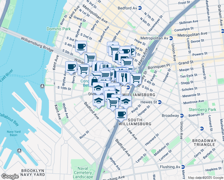 map of restaurants, bars, coffee shops, grocery stores, and more near 325 Roebling Street in Brooklyn