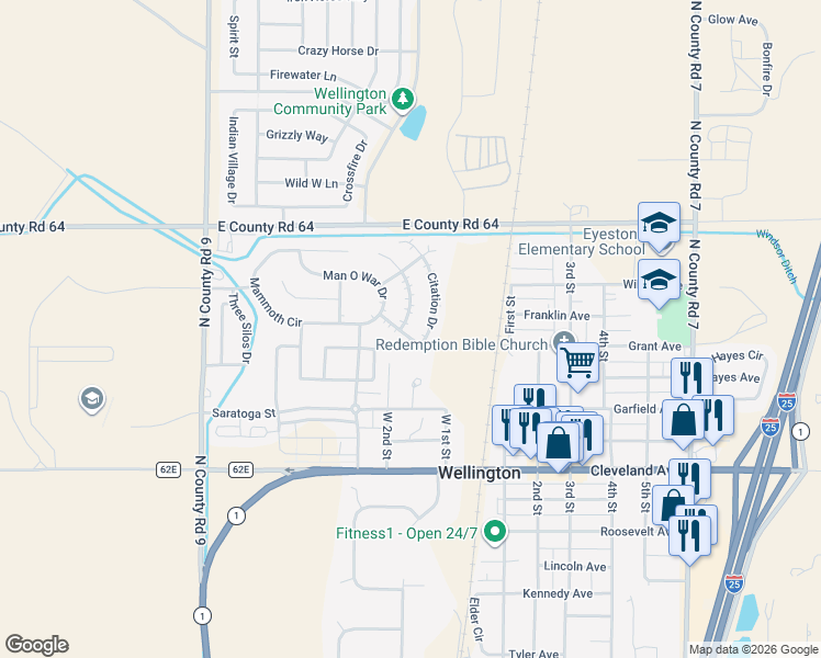 map of restaurants, bars, coffee shops, grocery stores, and more near 8520 Man O War Drive in Wellington