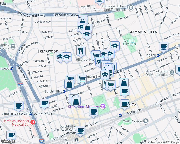 map of restaurants, bars, coffee shops, grocery stores, and more near 150-30 87th Avenue in Queens