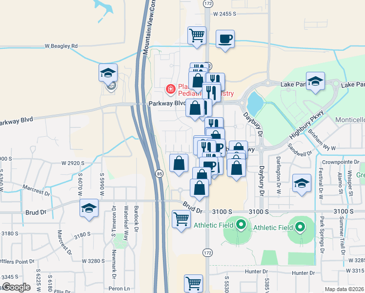 map of restaurants, bars, coffee shops, grocery stores, and more near 2861 Ritter Row in West Valley City