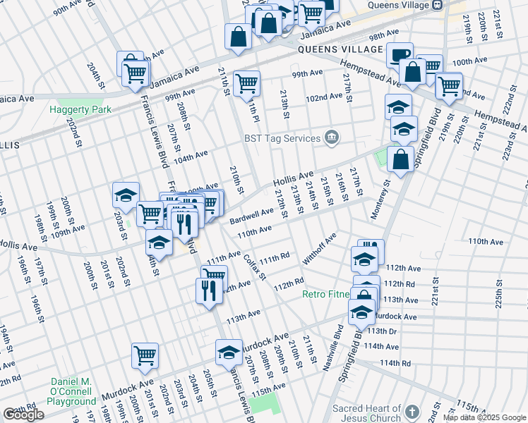 map of restaurants, bars, coffee shops, grocery stores, and more near 209-51 Bardwell Avenue in Queens