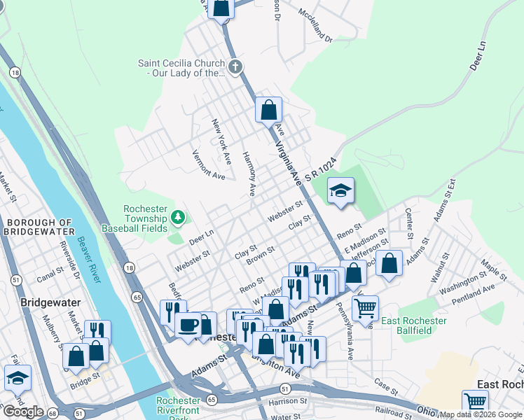 map of restaurants, bars, coffee shops, grocery stores, and more near 423 Deer Lane in Rochester