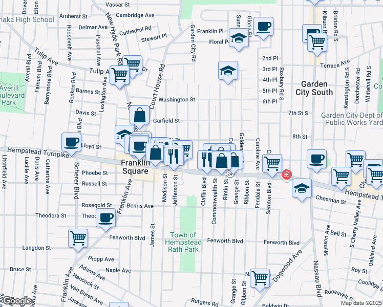 map of restaurants, bars, coffee shops, grocery stores, and more near 53 Lincoln Road in Franklin Square