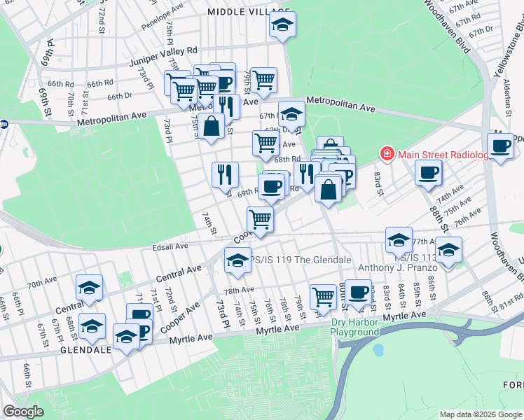 map of restaurants, bars, coffee shops, grocery stores, and more near 69-44 79th Street in Queens
