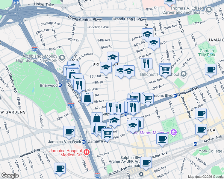 map of restaurants, bars, coffee shops, grocery stores, and more near 85-71 144th Street in Queens