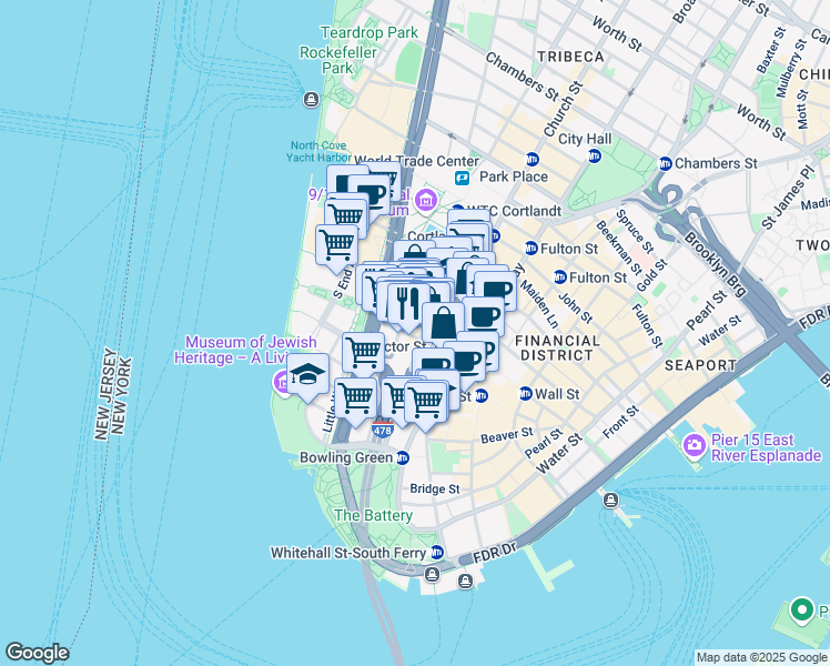 map of restaurants, bars, coffee shops, grocery stores, and more near 96 Greenwich Street in New York