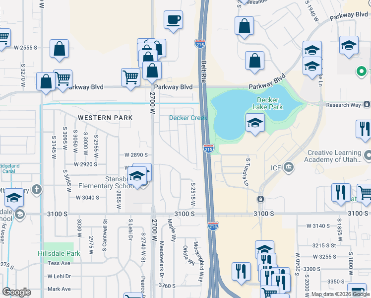 map of restaurants, bars, coffee shops, grocery stores, and more near 2845 South 2580 West in West Valley City