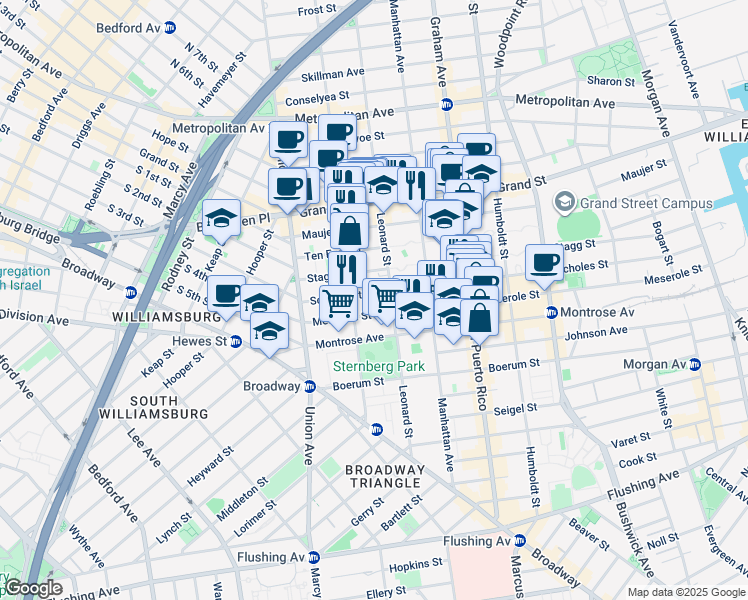 map of restaurants, bars, coffee shops, grocery stores, and more near 64 Scholes Street in Brooklyn