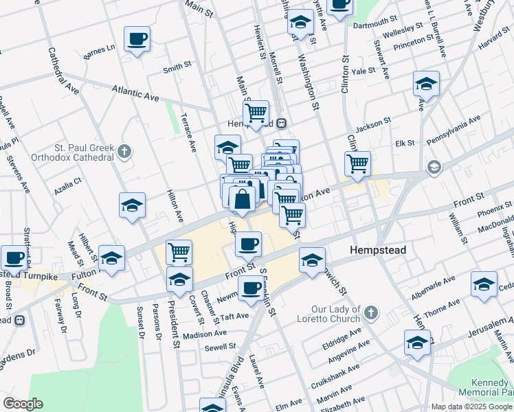 map of restaurants, bars, coffee shops, grocery stores, and more near 255 Fulton Avenue in Hempstead