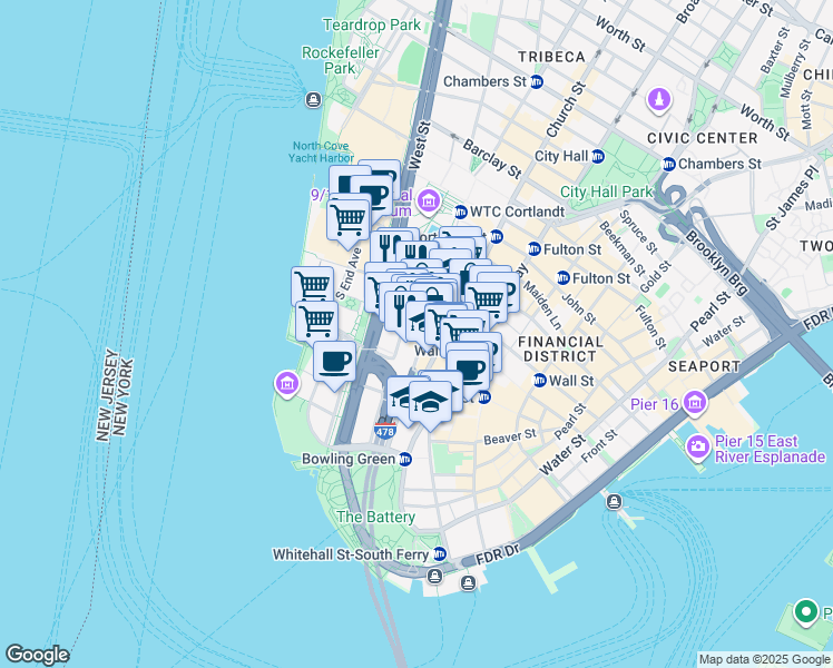 map of restaurants, bars, coffee shops, grocery stores, and more near 13-21 Rector Street in New York