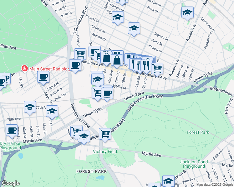 map of restaurants, bars, coffee shops, grocery stores, and more near 70-42 Sybilla Street in Queens