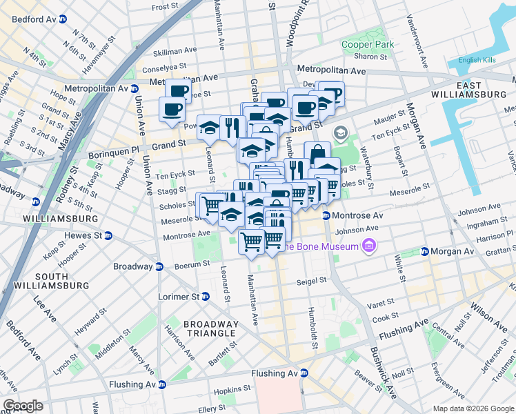 map of restaurants, bars, coffee shops, grocery stores, and more near 142 Scholes Street in Brooklyn
