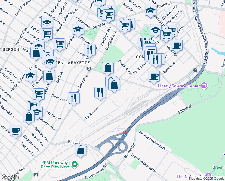 map of restaurants, bars, coffee shops, grocery stores, and more near 40 Forrest Street in Jersey City