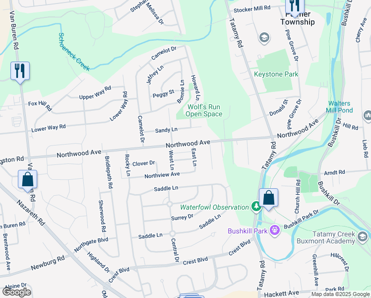 map of restaurants, bars, coffee shops, grocery stores, and more near 2513 Northwood Avenue in Easton