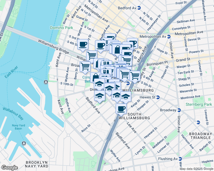 map of restaurants, bars, coffee shops, grocery stores, and more near 325 Roebling Street in Brooklyn
