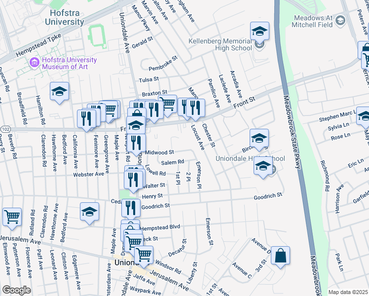 map of restaurants, bars, coffee shops, grocery stores, and more near 777 Midwood Street in Uniondale
