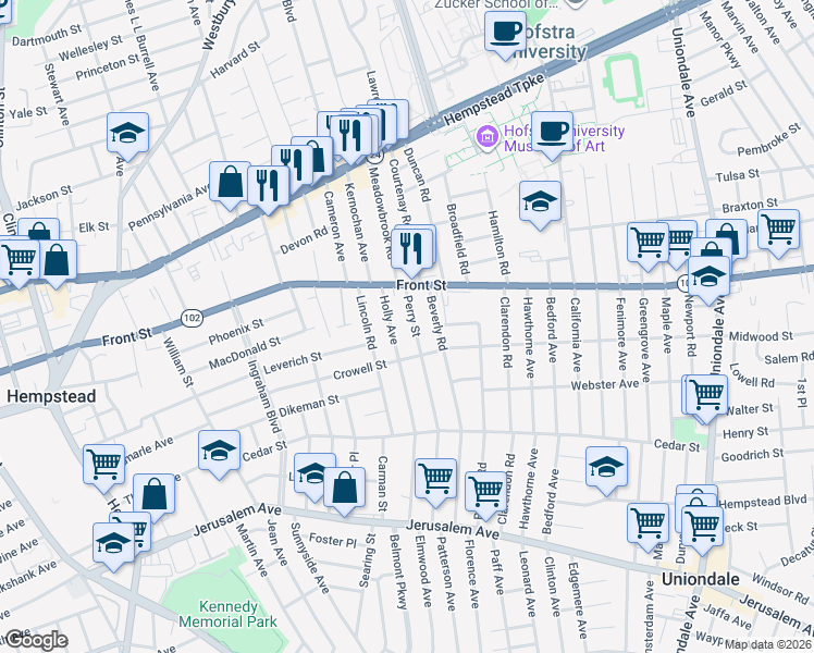 map of restaurants, bars, coffee shops, grocery stores, and more near 27 Perry Street in Hempstead