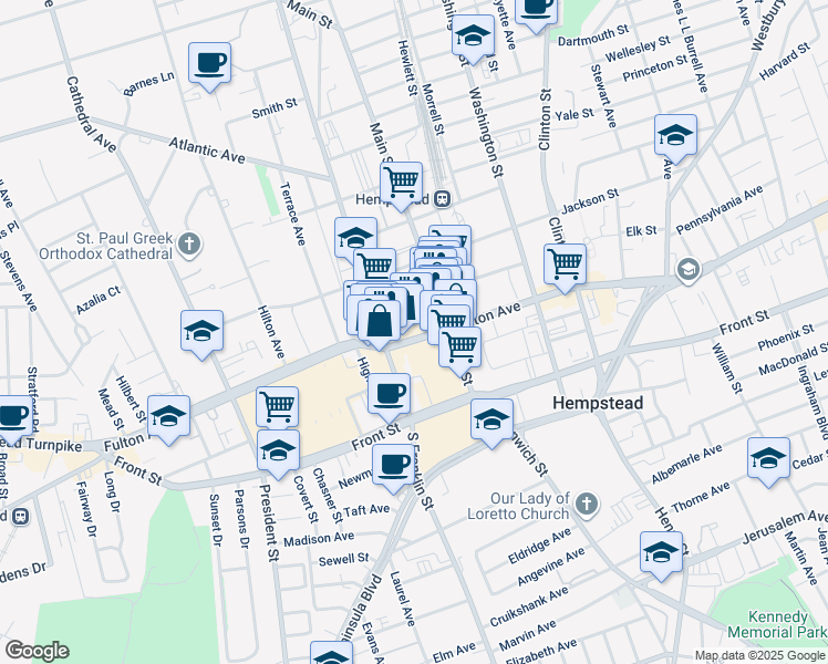 map of restaurants, bars, coffee shops, grocery stores, and more near 255 Fulton Avenue in Hempstead