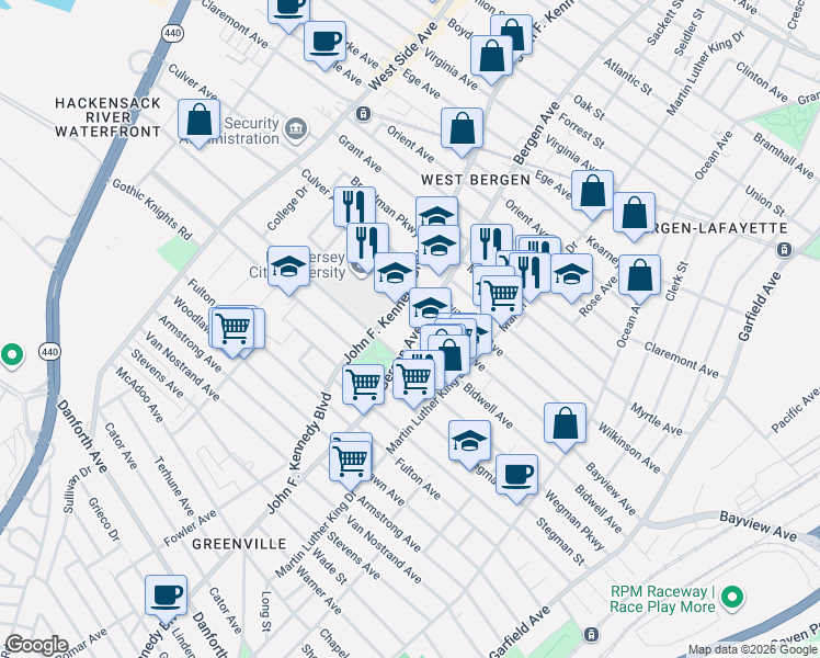 map of restaurants, bars, coffee shops, grocery stores, and more near 159 Bergen Avenue in Jersey City
