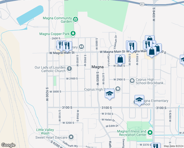 map of restaurants, bars, coffee shops, grocery stores, and more near 2859 South 8850 West in Magna