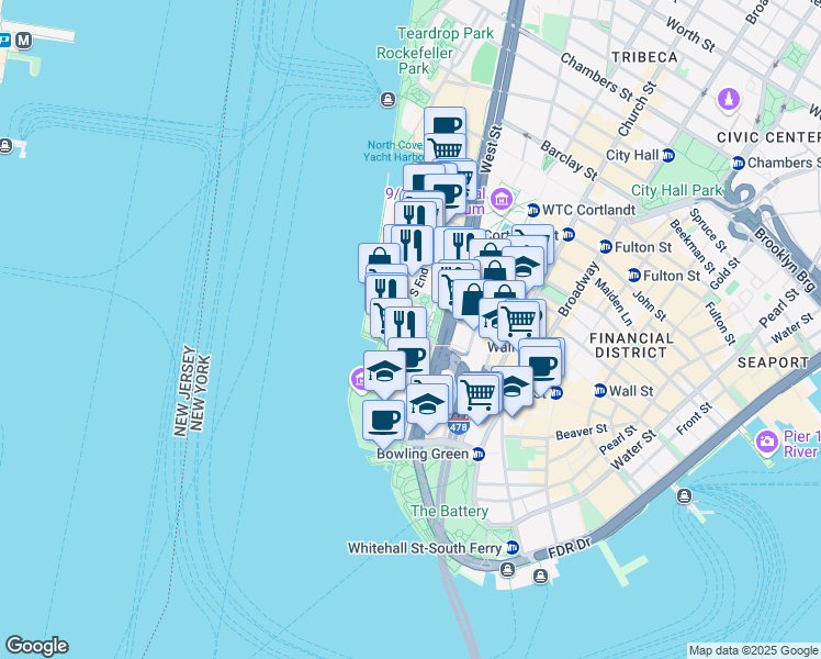map of restaurants, bars, coffee shops, grocery stores, and more near West Thames Street in New York