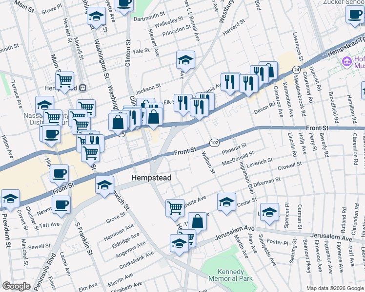 map of restaurants, bars, coffee shops, grocery stores, and more near 16 Attorney Street in Hempstead